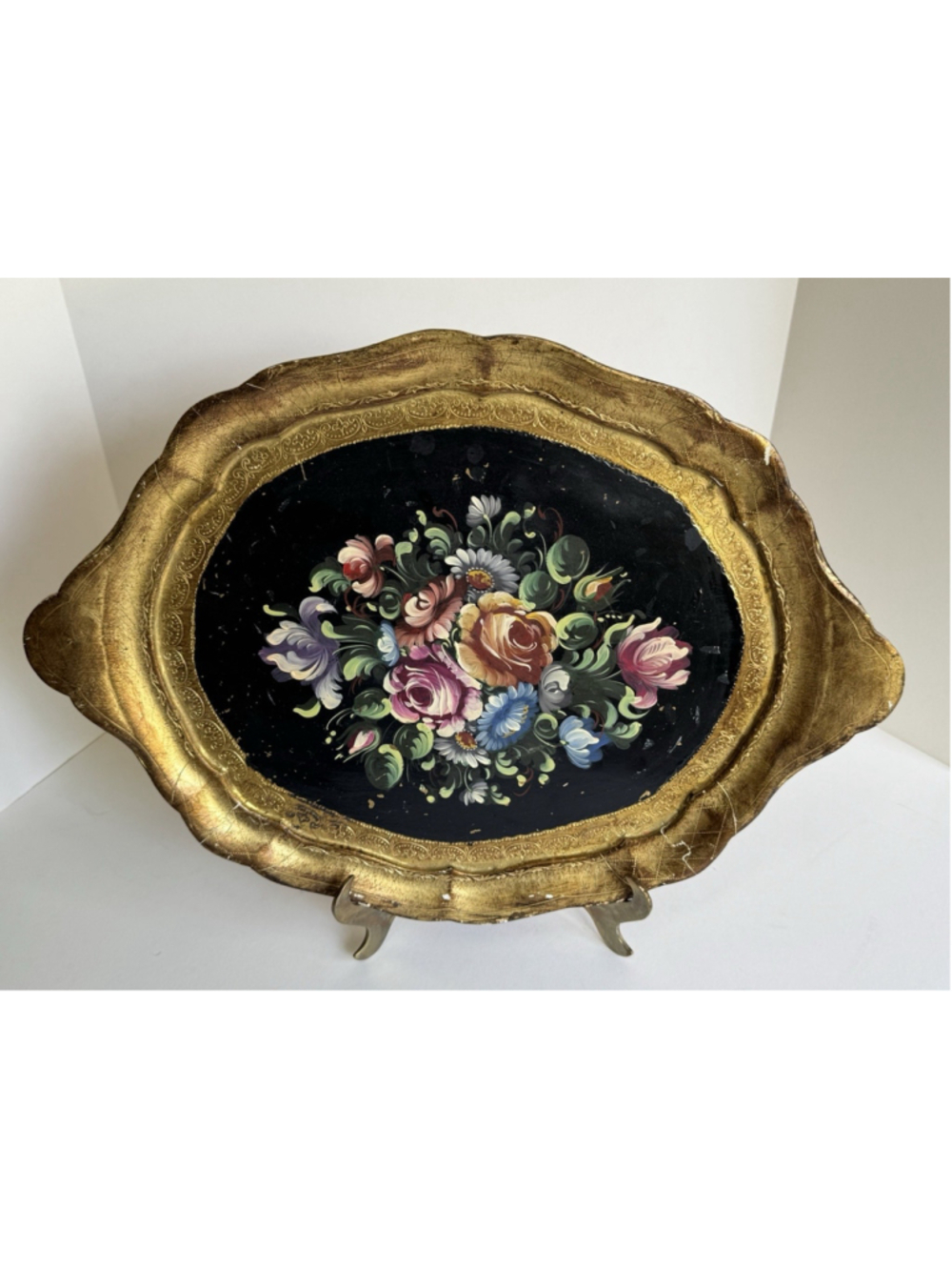 Vtg Florentine Italy Gold Gilt Hand Painted Flowers Floral 17” Serving Tray